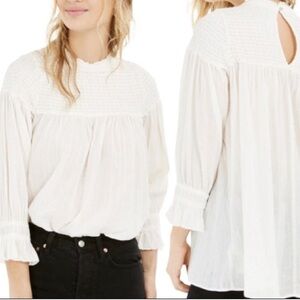 Free People Obi Mila White cream long sleeve smocked cotton blouse top large